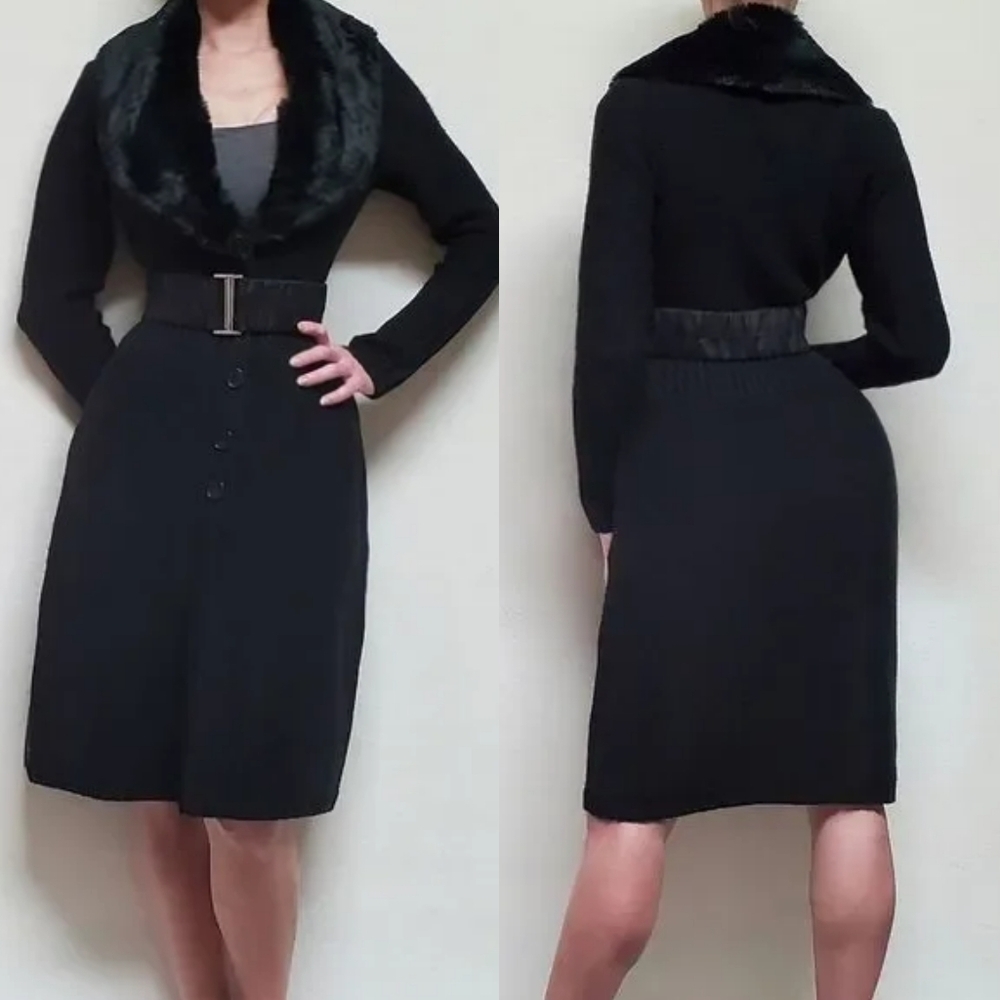80s Vintage Black Knit Shiny Black Faux Fur Button Up Belted Midi Sweater Jacket